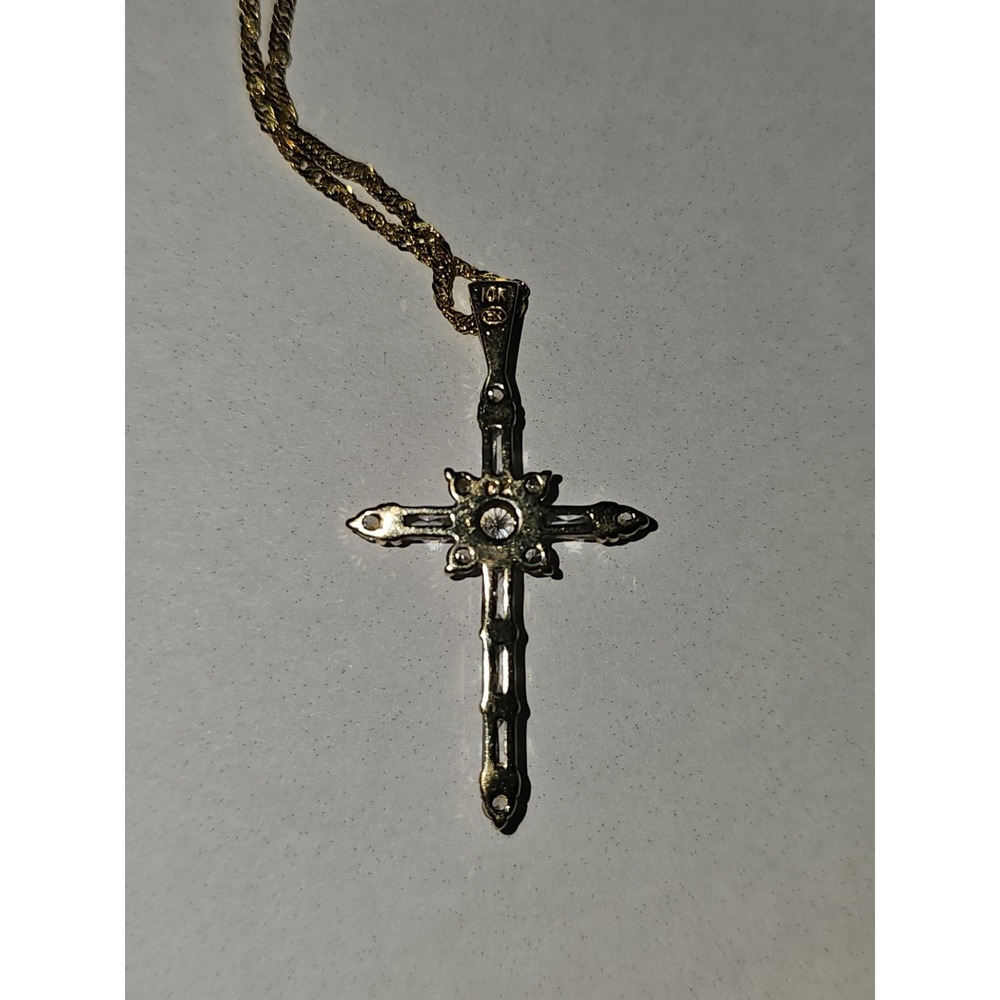 14K Solid Yellow Gold 19.5" Necklace 1.6g CZ 10K Gold 1.35" Cross Pendant 1.7g - Picture 2 of 5